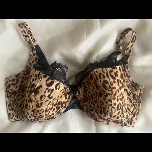38DDD leopard print, black lace trim Cacique bra